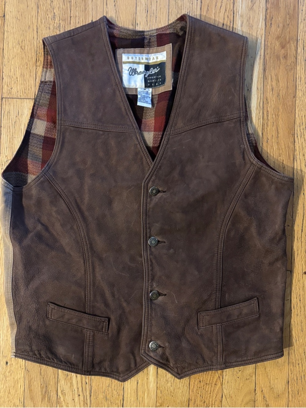 Wrangler Men’s Vintage Plaid-Lined Western Leather Vest - Brown - Medium